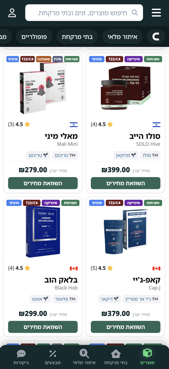 תצוגת מוצרי קנאביס רפואי בקנאביז